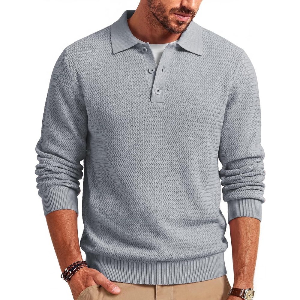 image:imageCOOFANDY Mens Sweater Long Sleeve Knitted Polo Textured Casual PulloverLight Grey