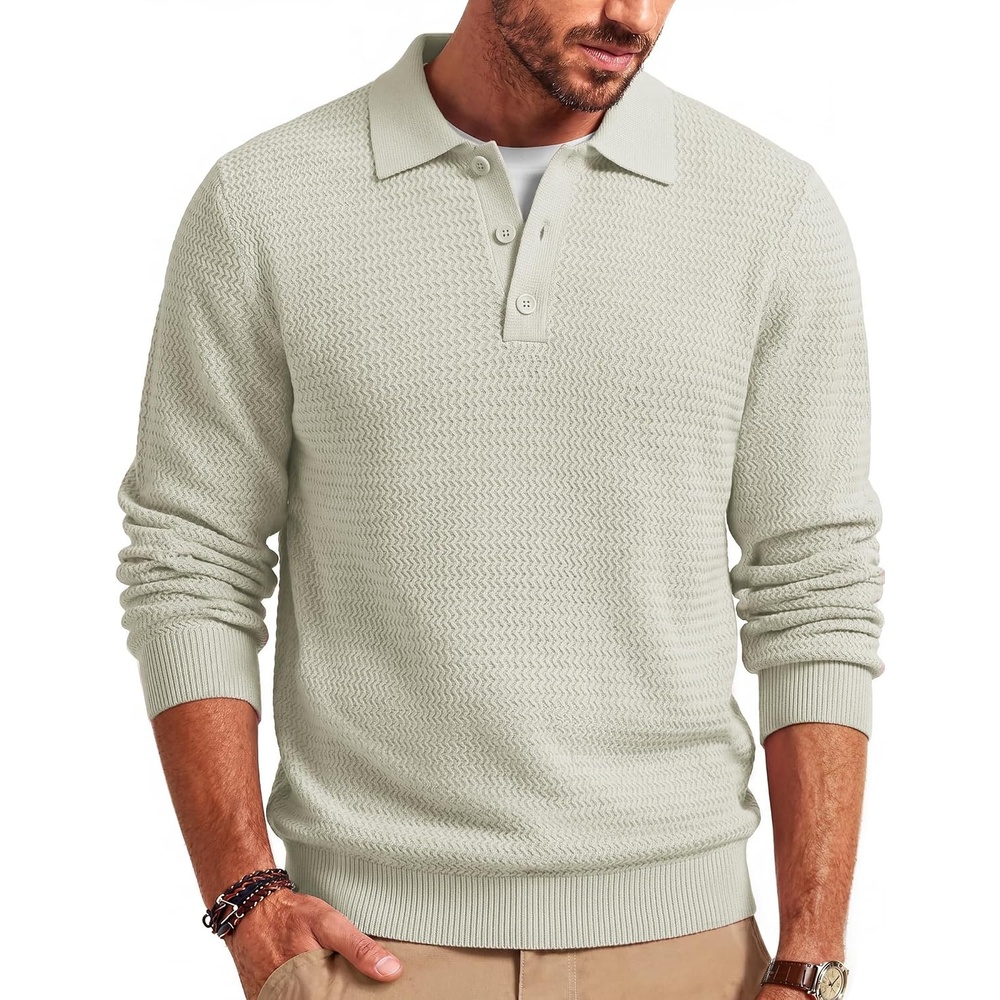 image:imageCOOFANDY Mens Sweater Long Sleeve Knitted Polo Textured Casual PulloverLight Khaki
