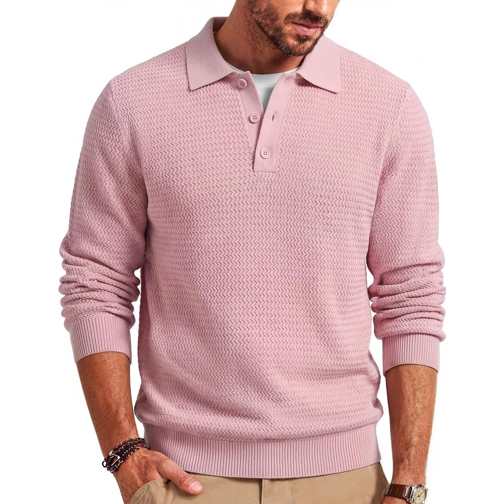 image:imageCOOFANDY Mens Sweater Long Sleeve Knitted Polo Textured Casual PulloverPink