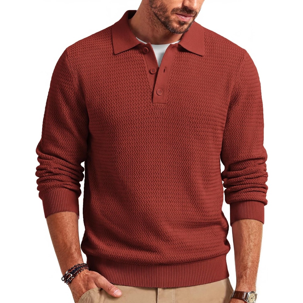 image:imageCOOFANDY Mens Sweater Long Sleeve Knitted Polo Textured Casual PulloverPure Red