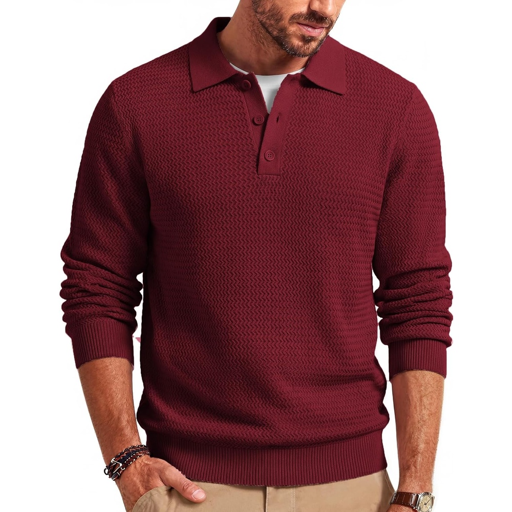 image:imageCOOFANDY Mens Sweater Long Sleeve Knitted Polo Textured Casual PulloverWine Red