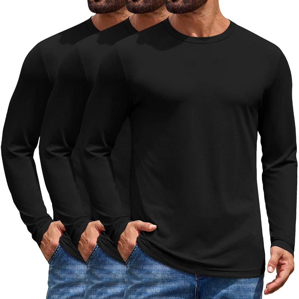 image:imageCOOFANDY Mens T Shirts Long Sleeve Cotton Blend TShirts Casual Crew Neck Soft Basic Tee ShirtsBlack 3 Pack