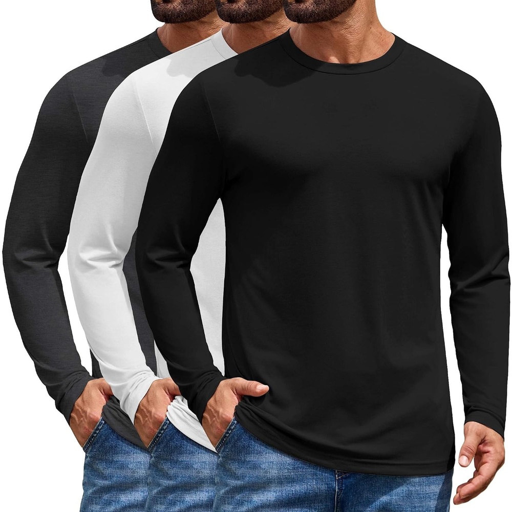 image:imageCOOFANDY Mens T Shirts Long Sleeve Cotton Blend TShirts Casual Crew Neck Soft Basic Tee ShirtsBlackWhiteDark Gray 3 Pack