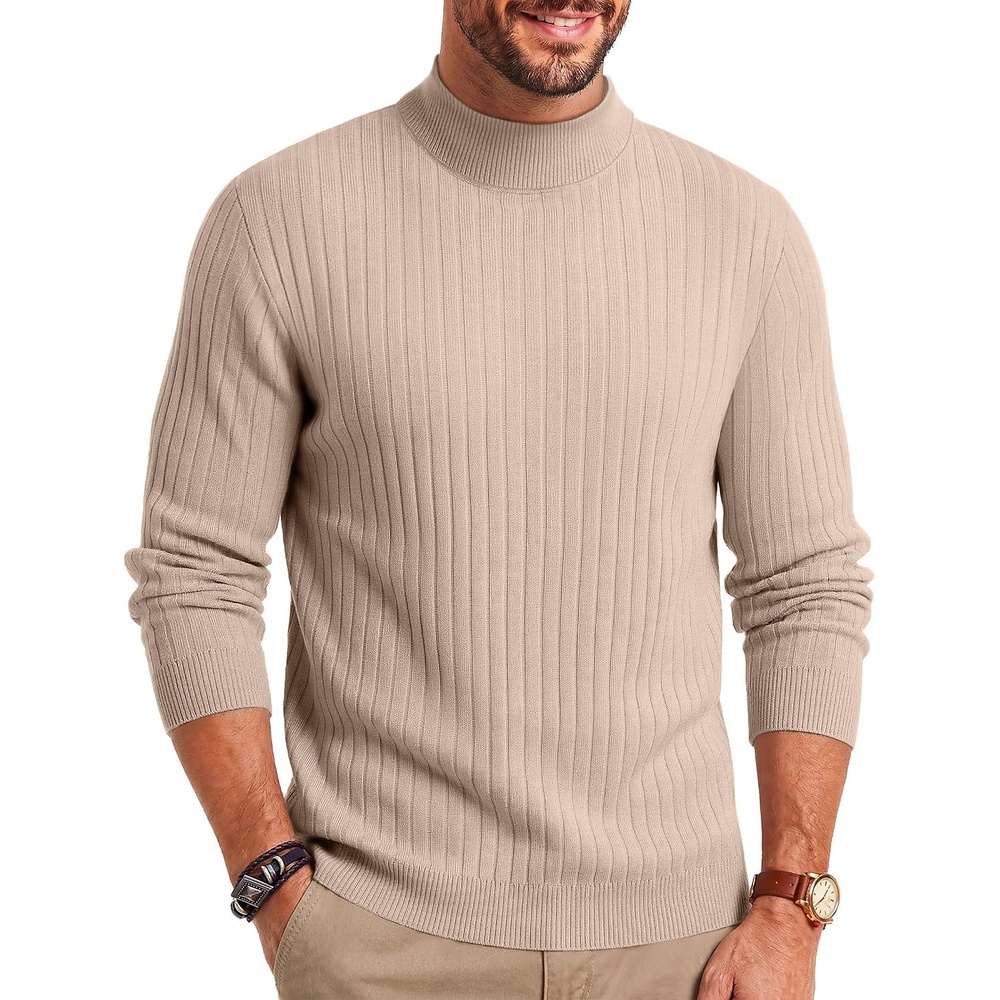 image:imageCOOFANDY Mens Turtleneck Sweater Mock Neck Knitted Ribbed Pullover SweaterBeige