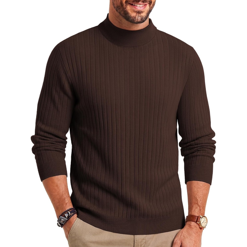image:imageCOOFANDY Mens Turtleneck Sweater Mock Neck Knitted Ribbed Pullover SweaterBrown