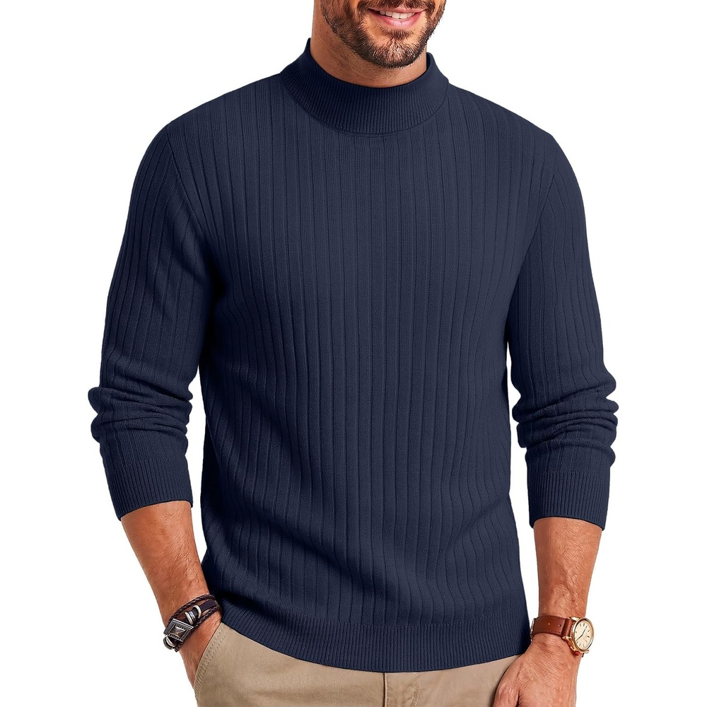 image:imageCOOFANDY Mens Turtleneck Sweater Mock Neck Knitted Ribbed Pullover SweaterDark Blue
