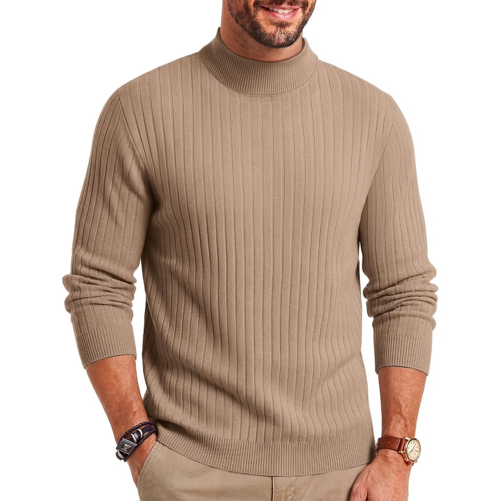 image:imageCOOFANDY Mens Turtleneck Sweater Mock Neck Knitted Ribbed Pullover SweaterKhaki