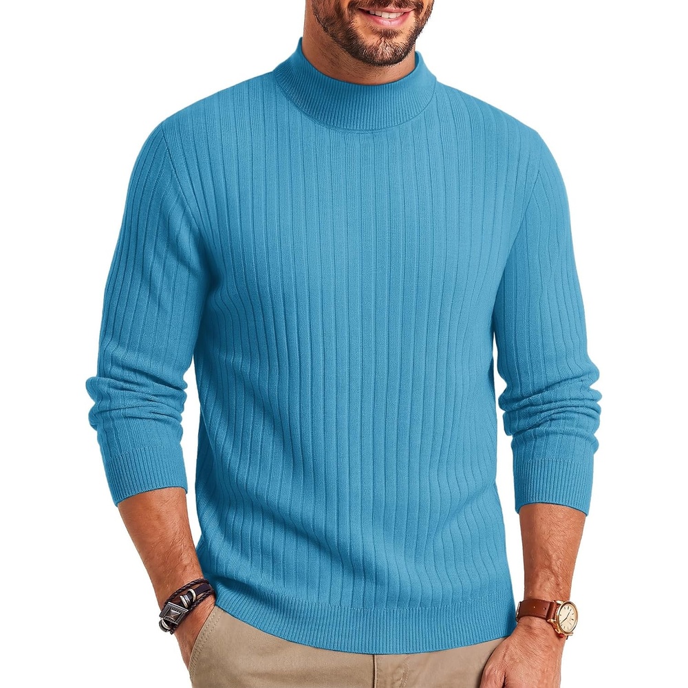 image:imageCOOFANDY Mens Turtleneck Sweater Mock Neck Knitted Ribbed Pullover SweaterSea Blue