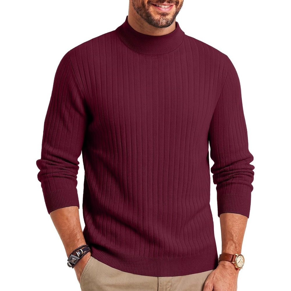 image:imageCOOFANDY Mens Turtleneck Sweater Mock Neck Knitted Ribbed Pullover SweaterWine Red