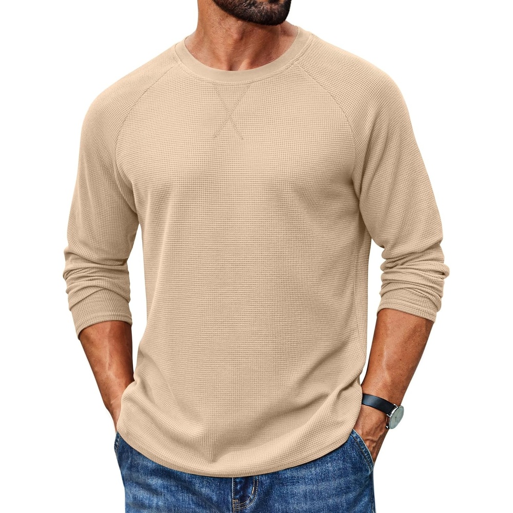 image:imageCOOFANDY Mens Waffle Long Sleeve Shirt Crew Neck TShirts Cotton Tee ShirtsKhaki