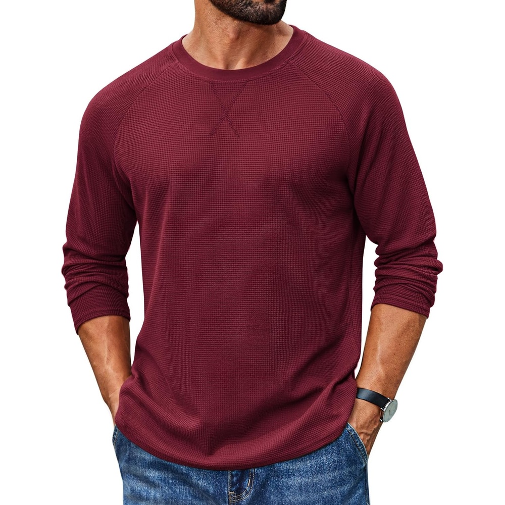 image:imageCOOFANDY Mens Waffle Long Sleeve Shirt Crew Neck TShirts Cotton Tee ShirtsWine Red