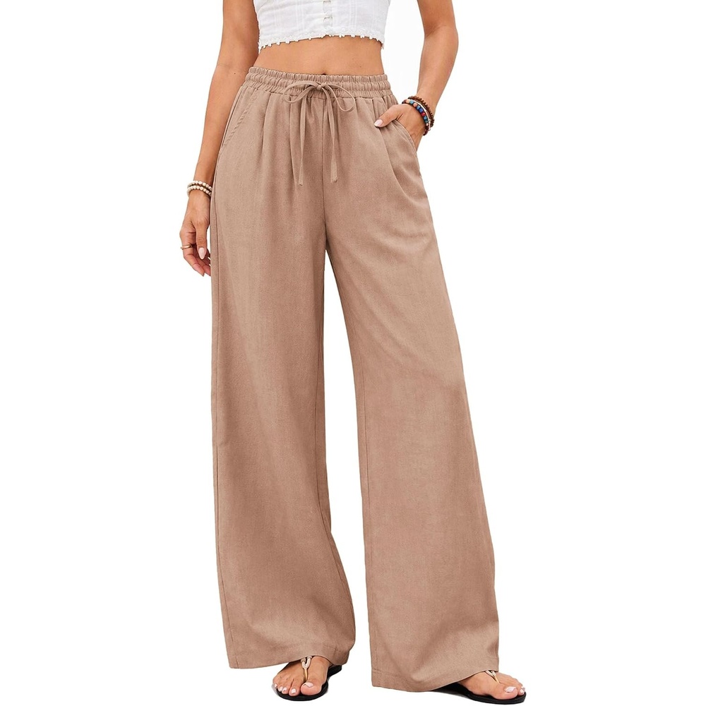 image:imageCOOFANDY Womens Linen Pants Wide Leg Palazzo Flowy Elastic Waist TrousersKhaki