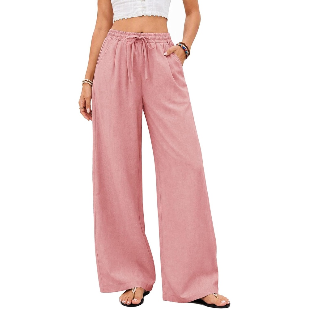 image:imageCOOFANDY Womens Linen Pants Wide Leg Palazzo Flowy Elastic Waist TrousersMisty Rose