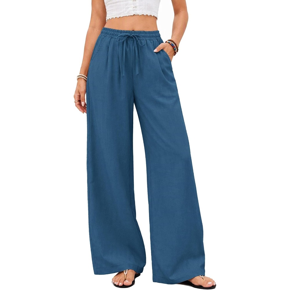 image:imageCOOFANDY Womens Linen Pants Wide Leg Palazzo Flowy Elastic Waist TrousersNavy