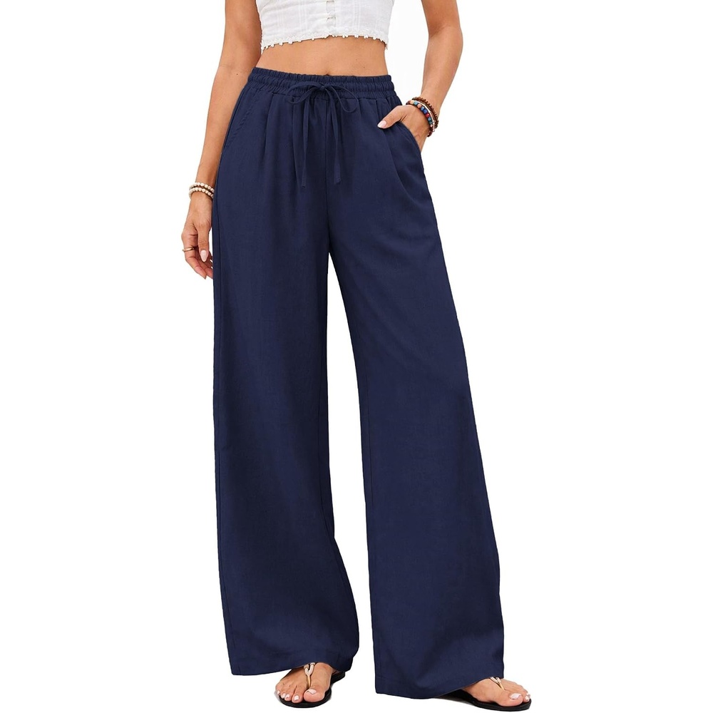 image:imageCOOFANDY Womens Linen Pants Wide Leg Palazzo Flowy Elastic Waist TrousersNavy Blue