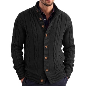 COOFANDY Men’s Cardigan Sweater Slim Fit Stand Collar Cardigan Cable Knit(Black)