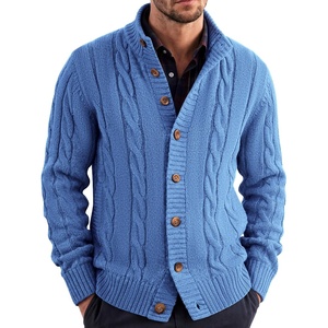 COOFANDY Men’s Cardigan Sweater Slim Fit Stand Collar Cardigan Cable Knit(Blue)