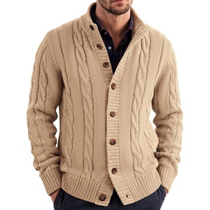COOFANDY Men’s Cardigan Sweater Slim Fit Stand Collar Cardigan Cable Knit(Khaki)