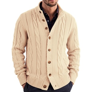 COOFANDY Men’s Cardigan Sweater Slim Fit Stand Collar Cardigan Cable Knit(Light Khaki)