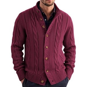 COOFANDY Men’s Cardigan Sweater Slim Fit Stand Collar Cardigan Cable Knit(Wine Red)