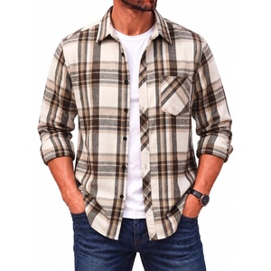 COOFANDY Men’s Flannel Plaid Shirts Long Sleeve Caual Button Down Shirts(Light Khaki&brown)