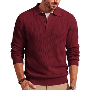 COOFANDY Men’s Sweater Long Sleeve Knitted Polo Textured Casual Pullover(Wine Red)