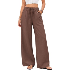 COOFANDY Womens Linen Pants Wide Leg Palazzo Flowy Elastic Waist Trousers(Brown)