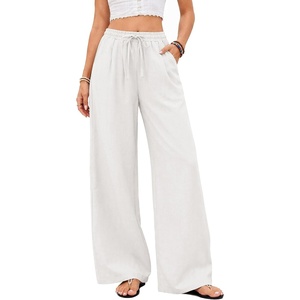 COOFANDY Womens Linen Pants Wide Leg Palazzo Flowy Elastic Waist Trousers(White)