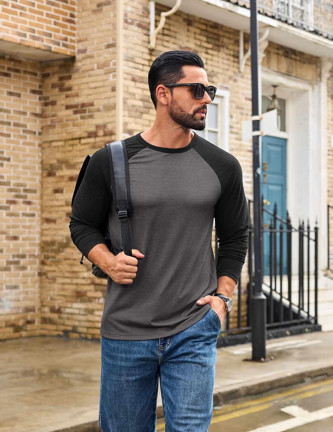 image:imageCOOFANDY Mens Long Sleeve Tee Shirts Casual Crewneck TShirts Baseball Tee01 Dark Heather Grey