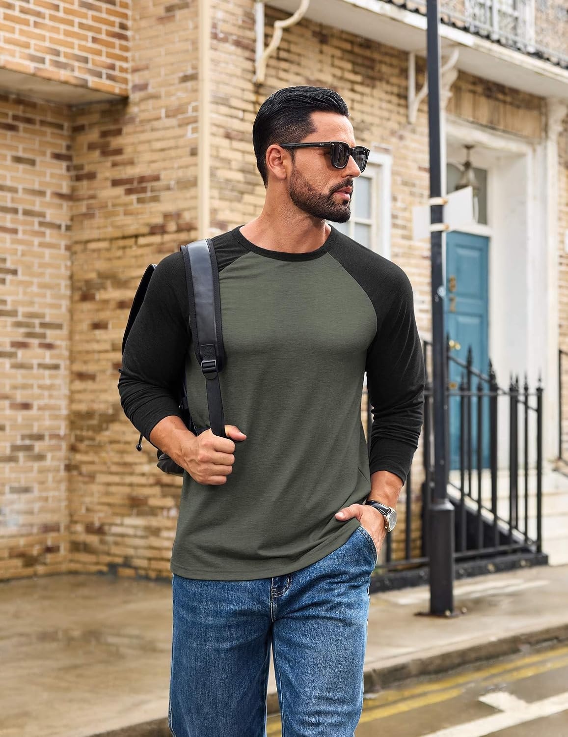 image:imageCOOFANDY Mens Long Sleeve Tee Shirts Casual Crewneck TShirts Baseball Tee02 Deep Military Green