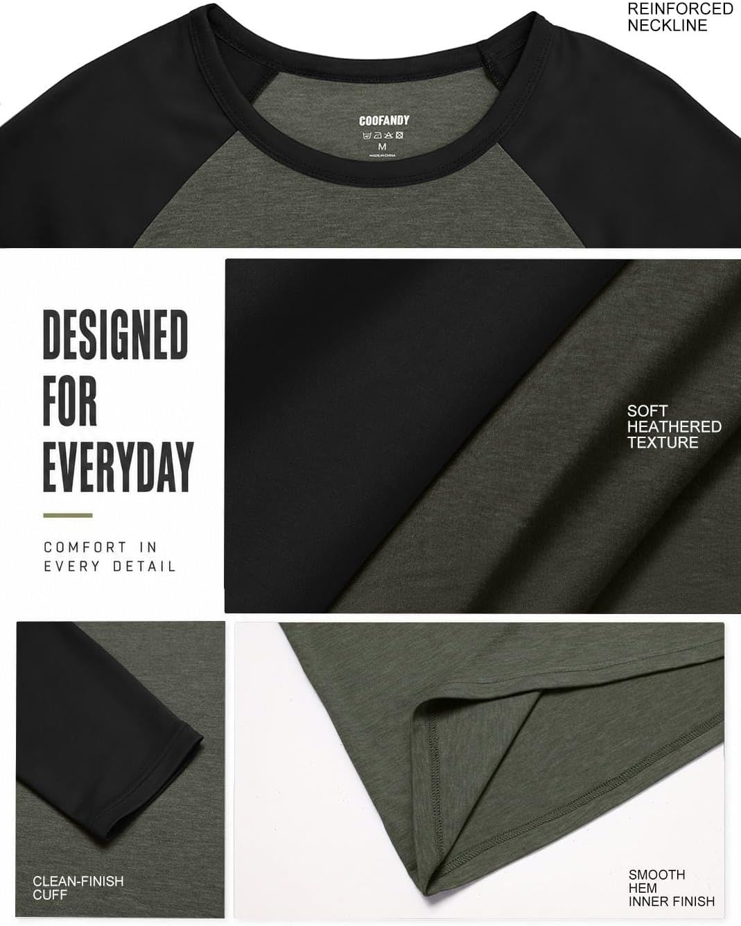 image:imageCOOFANDY Mens Long Sleeve Tee Shirts Casual Crewneck TShirts Baseball Tee02 Deep Military Green