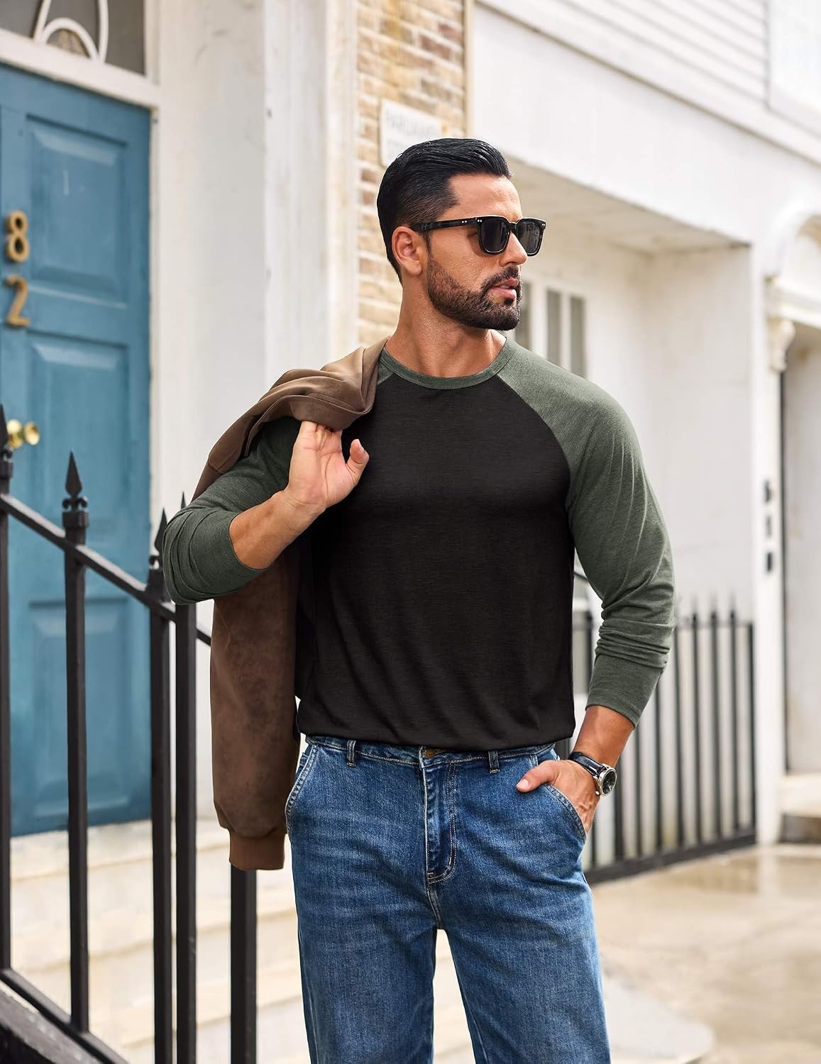 image:imageCOOFANDY Mens Long Sleeve Tee Shirts Casual Crewneck TShirts Baseball TeeBlack