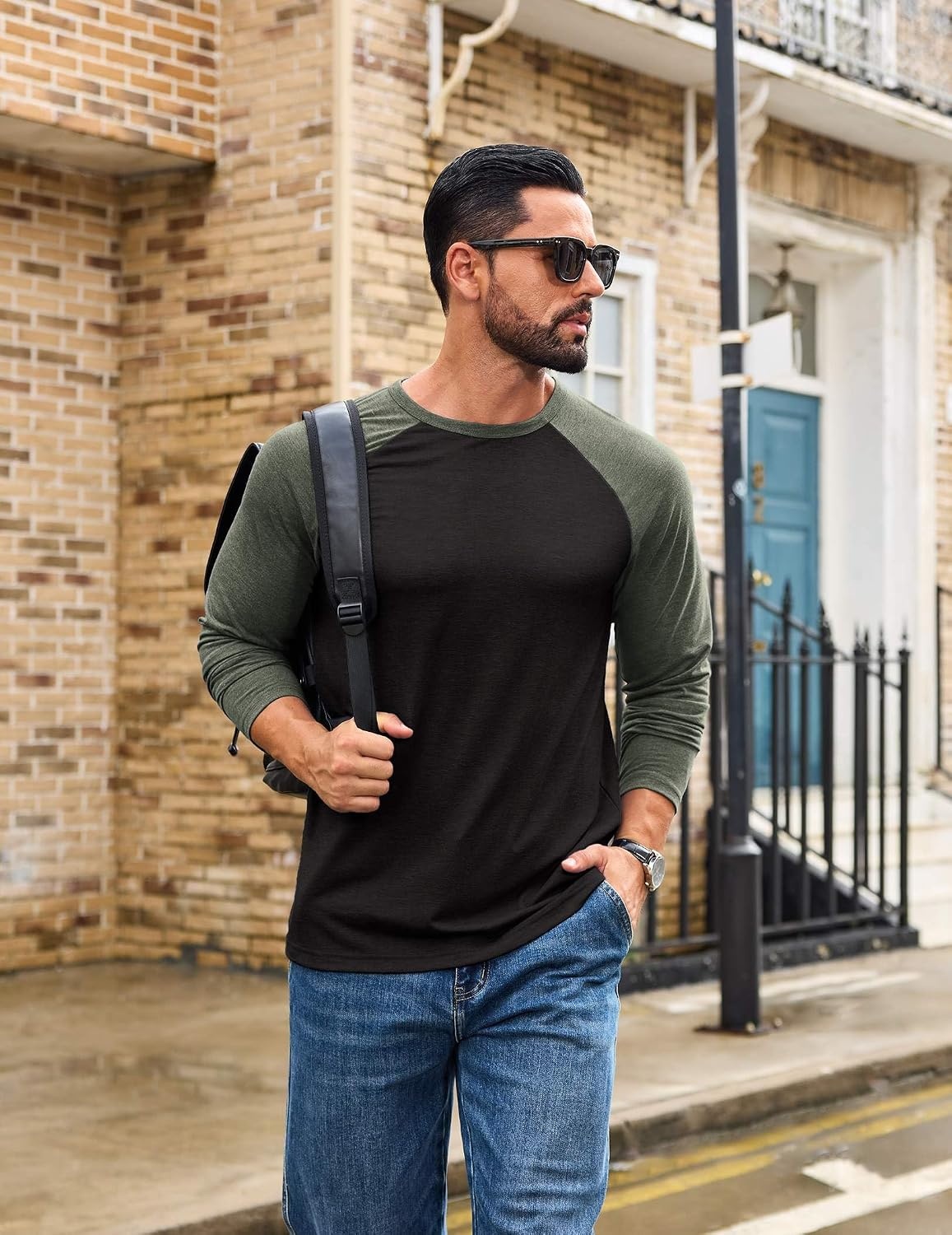 image:imageCOOFANDY Mens Long Sleeve Tee Shirts Casual Crewneck TShirts Baseball TeeBlack