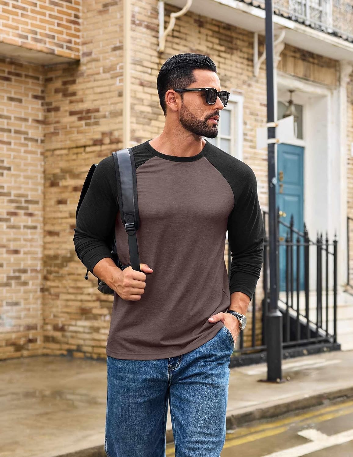 image:imageCOOFANDY Mens Long Sleeve Tee Shirts Casual Crewneck TShirts Baseball TeeBrown