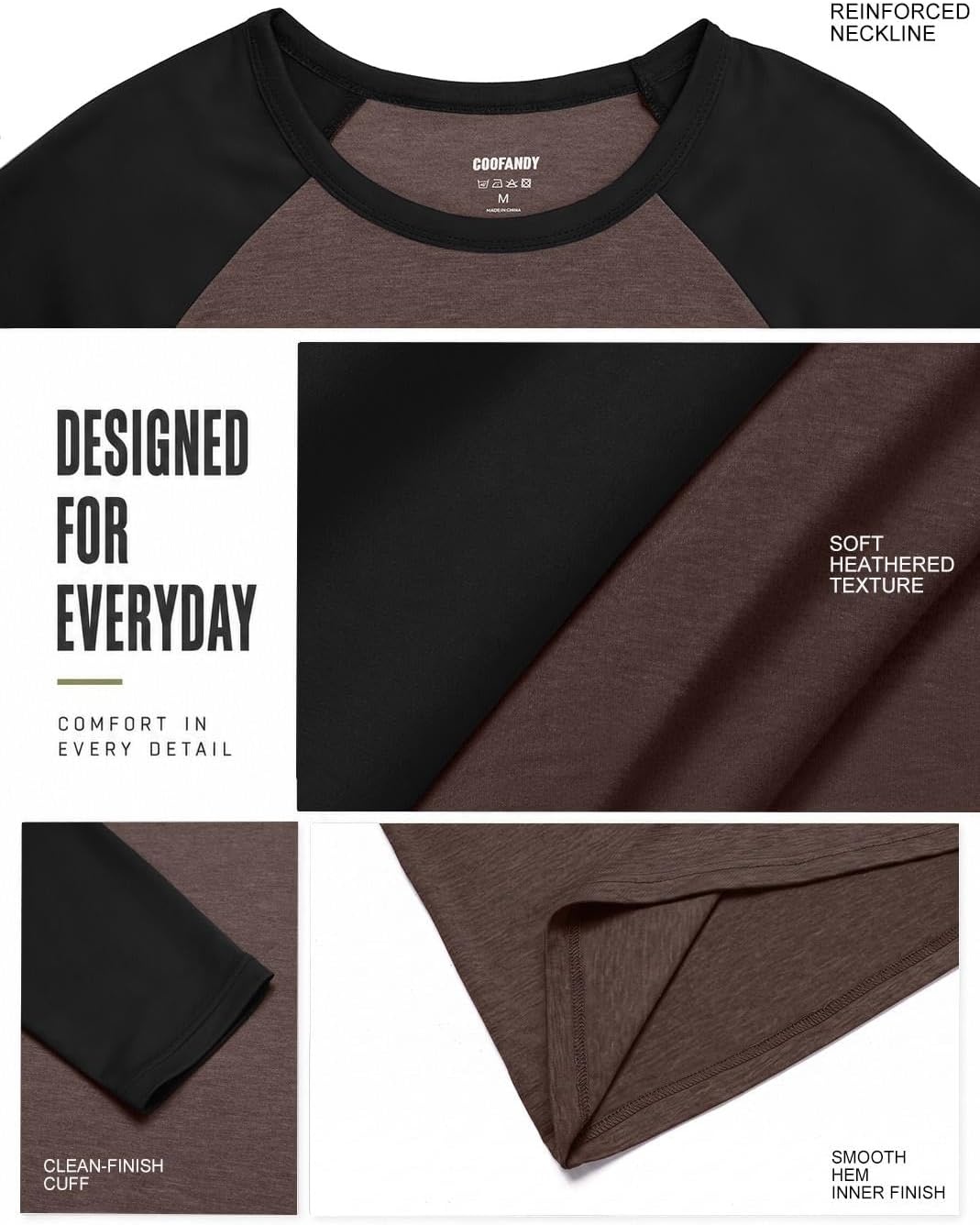 image:imageCOOFANDY Mens Long Sleeve Tee Shirts Casual Crewneck TShirts Baseball TeeBrown