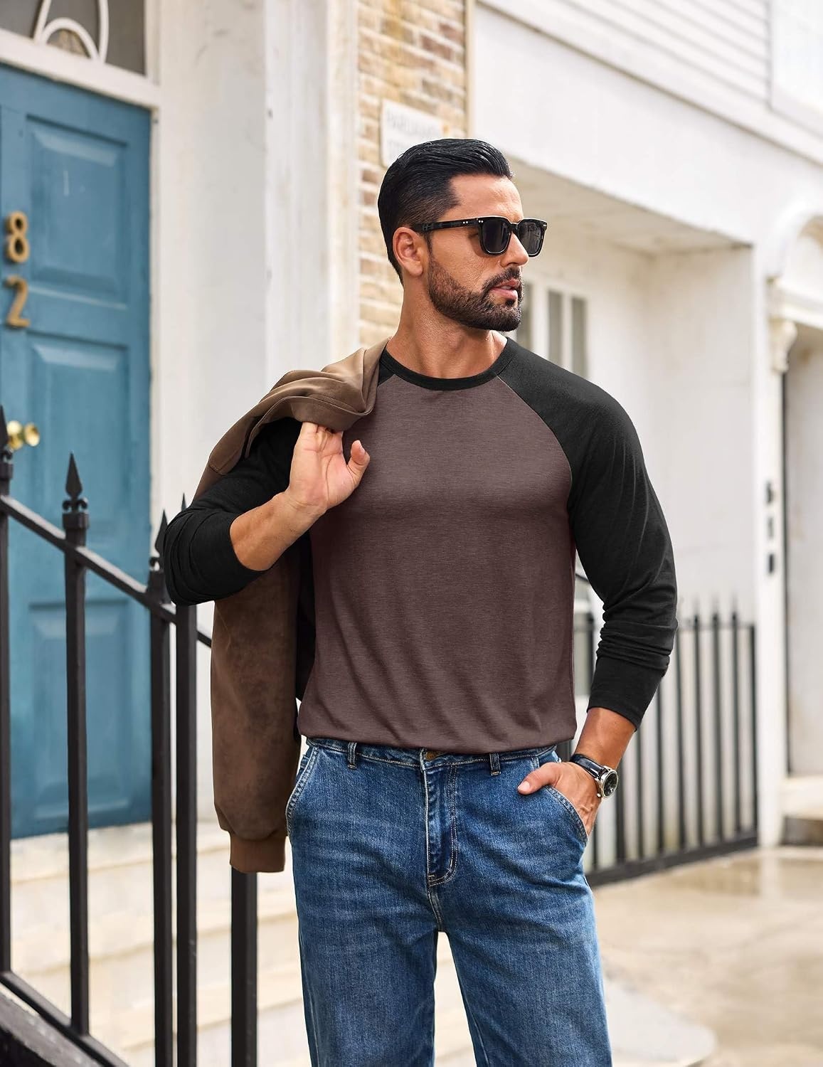 image:imageCOOFANDY Mens Long Sleeve Tee Shirts Casual Crewneck TShirts Baseball TeeBrown