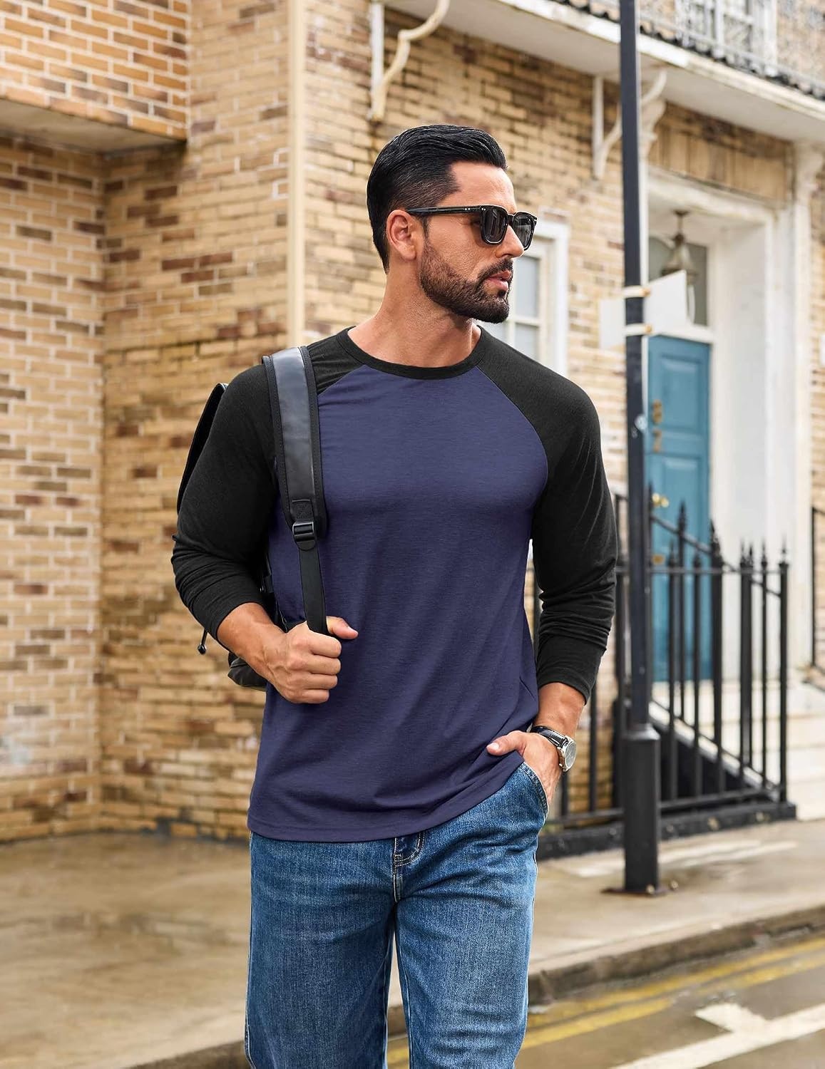 image:imageCOOFANDY Mens Long Sleeve Tee Shirts Casual Crewneck TShirts Baseball TeeNavy Blue