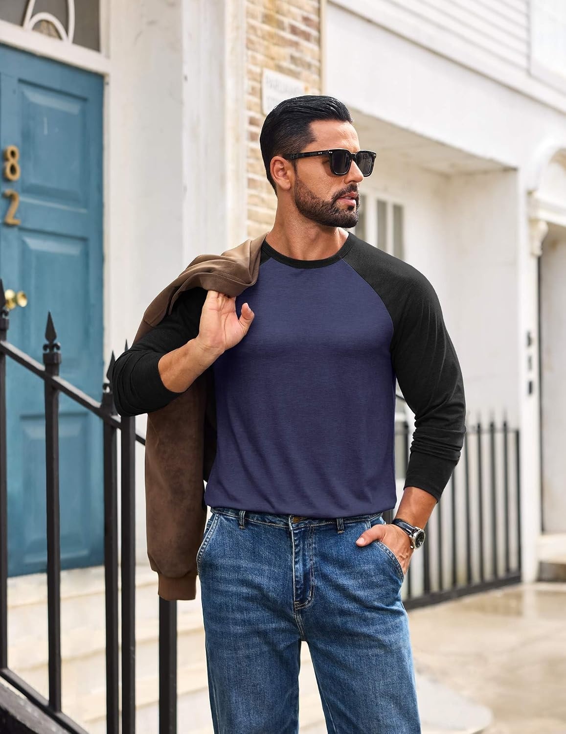 image:imageCOOFANDY Mens Long Sleeve Tee Shirts Casual Crewneck TShirts Baseball TeeNavy Blue