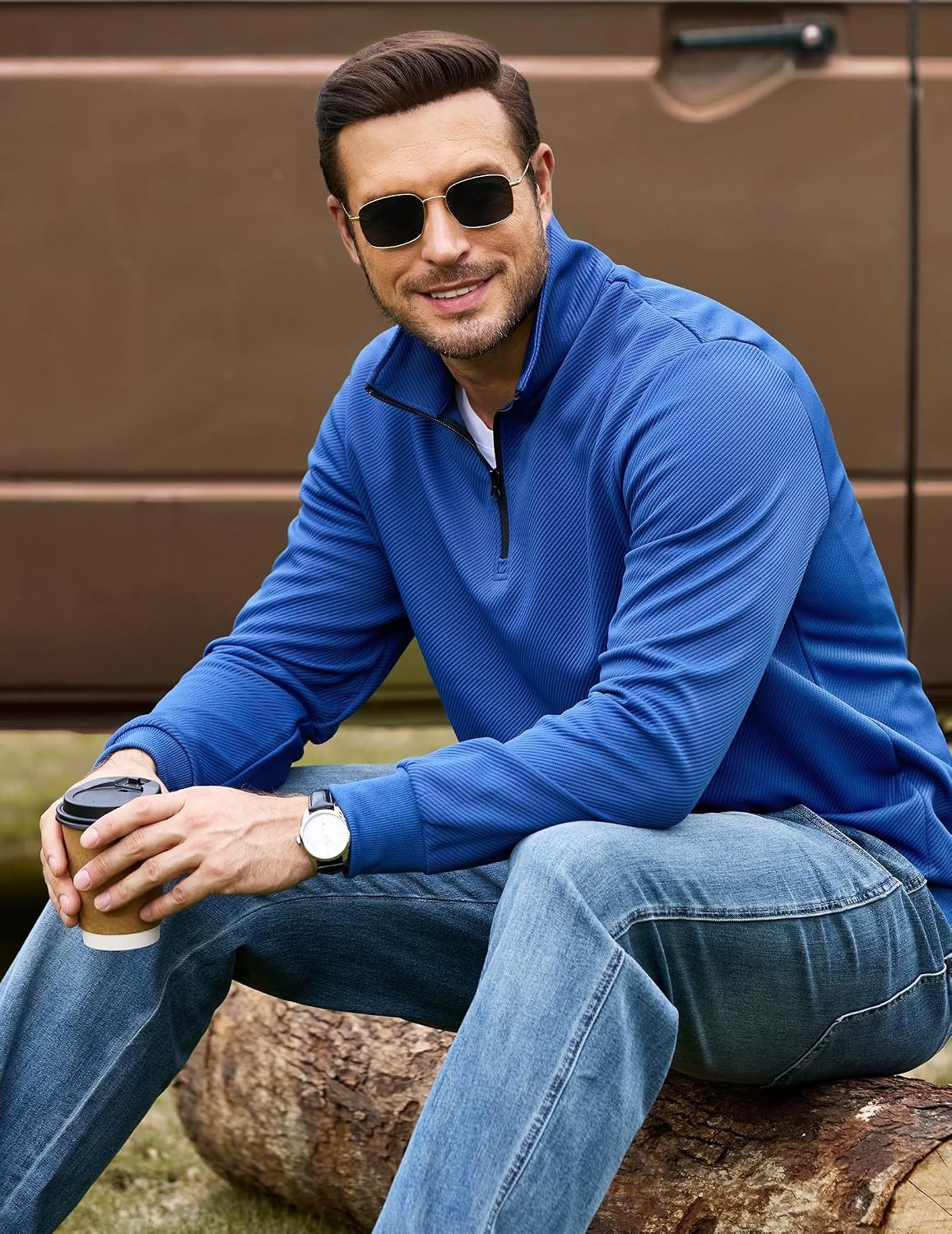 image:imageCOOFANDY Mens Quarter Zip Pullover Sweatshirt Casual Mock Neck Sweater 2026Blue