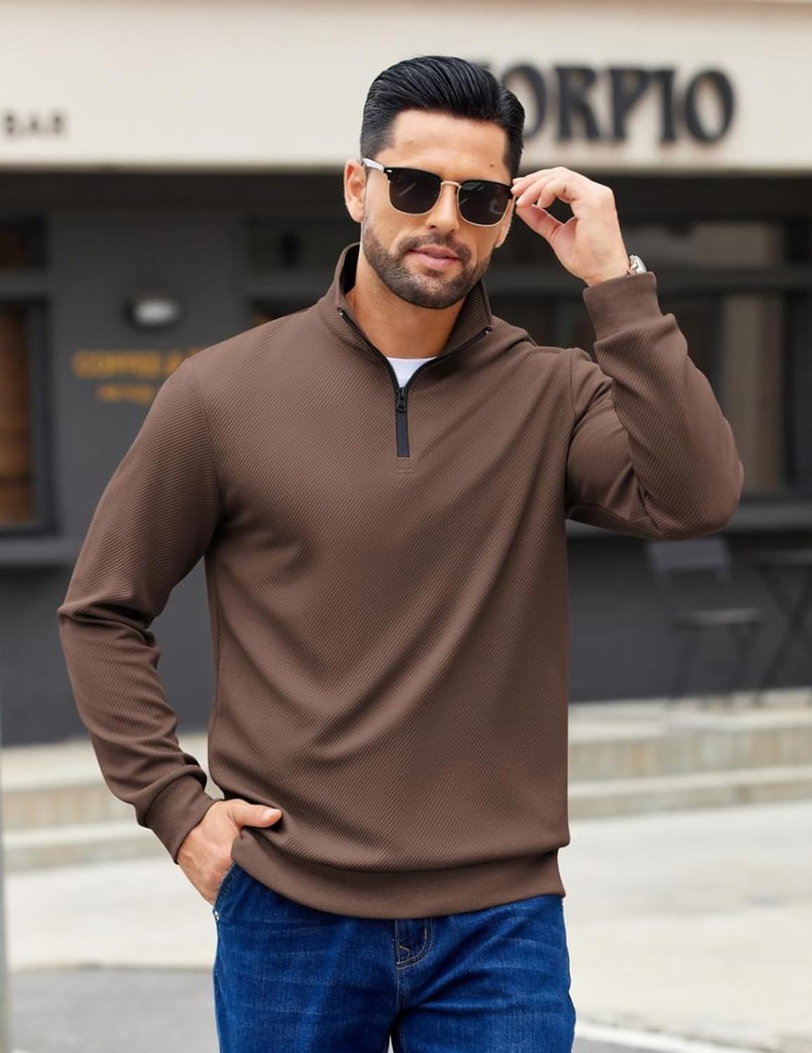 image:imageCOOFANDY Mens Quarter Zip Pullover Sweatshirt Casual Mock Neck Sweater 2026Brown