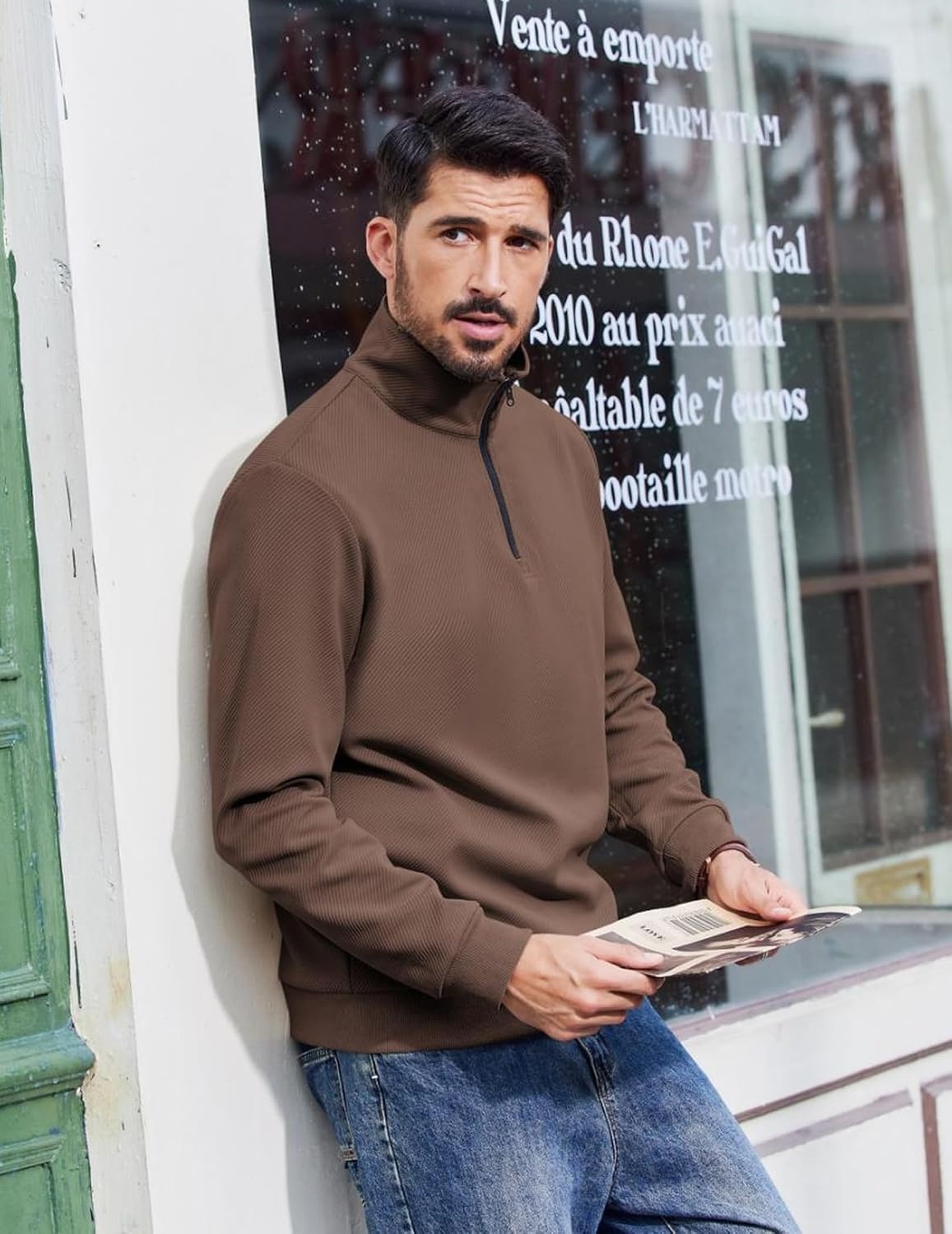 image:imageCOOFANDY Mens Quarter Zip Pullover Sweatshirt Casual Mock Neck Sweater 2026Brown