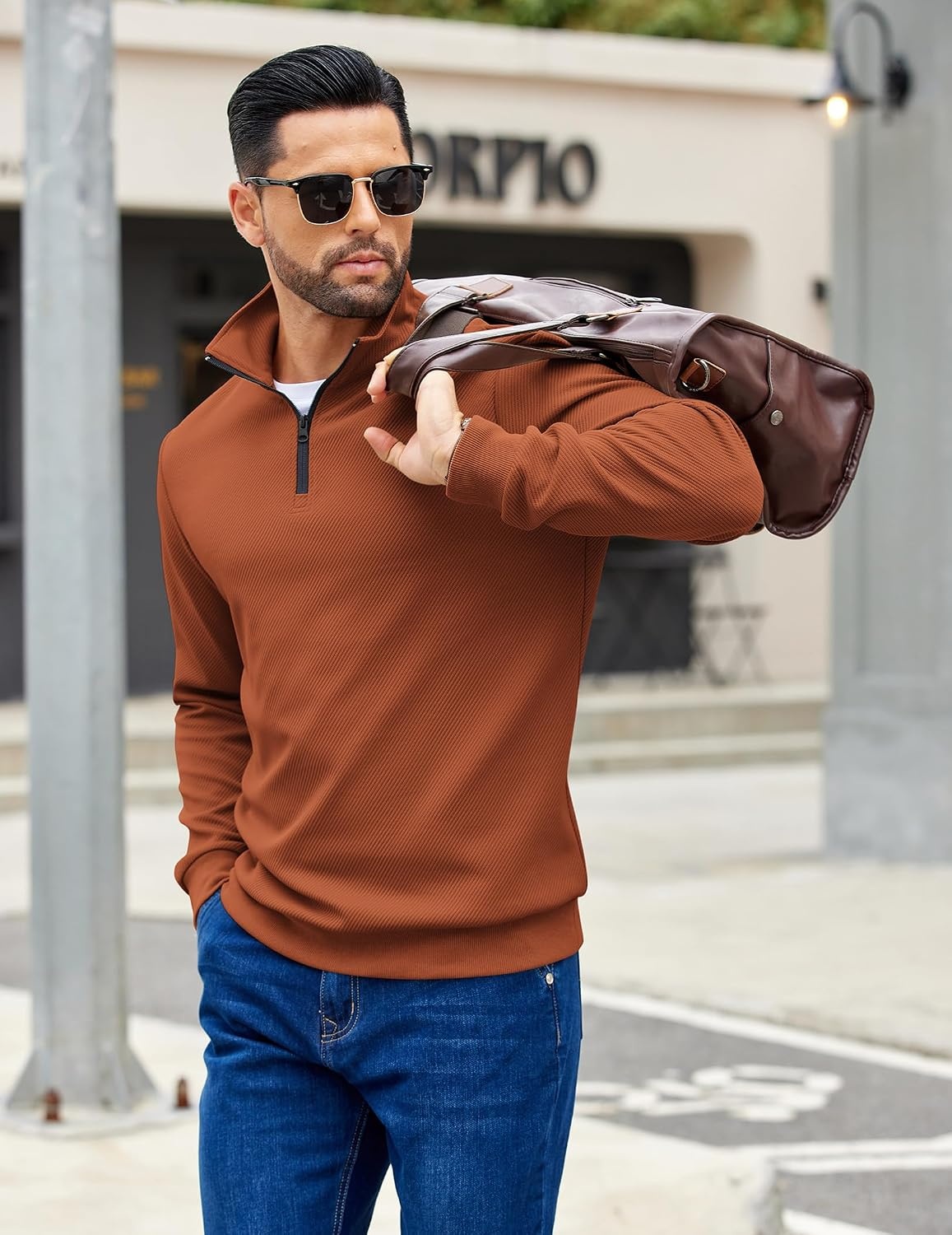 image:imageCOOFANDY Mens Quarter Zip Pullover Sweatshirt Casual Mock Neck Sweater 2026Caramel