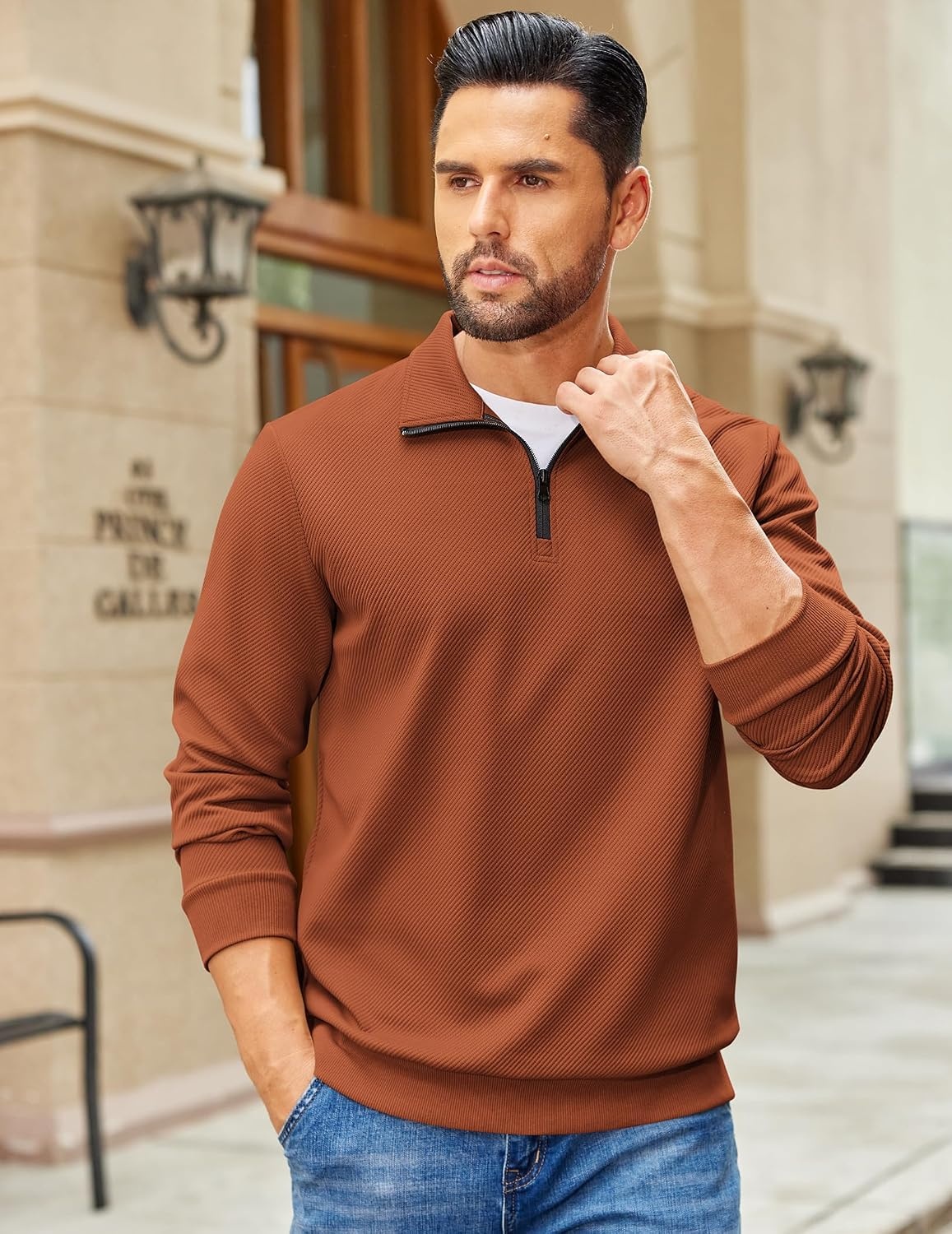 image:imageCOOFANDY Mens Quarter Zip Pullover Sweatshirt Casual Mock Neck Sweater 2026Caramel