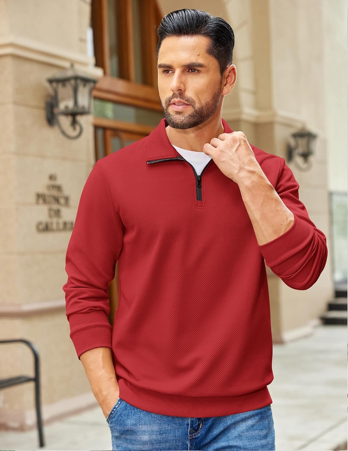 image:imageCOOFANDY Mens Quarter Zip Pullover Sweatshirt Casual Mock Neck Sweater 2026Christmas Red
