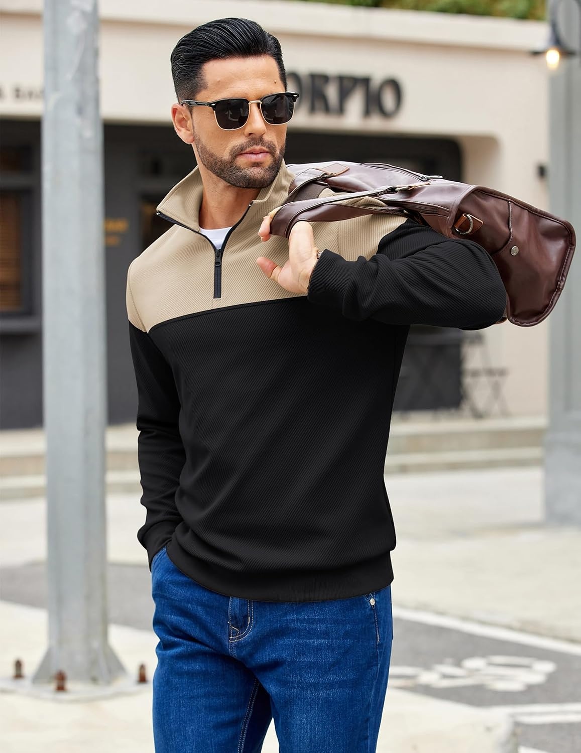 image:imageCOOFANDY Mens Quarter Zip Pullover Sweatshirt Casual Mock Neck Sweater 2026Color Block Black Khaki