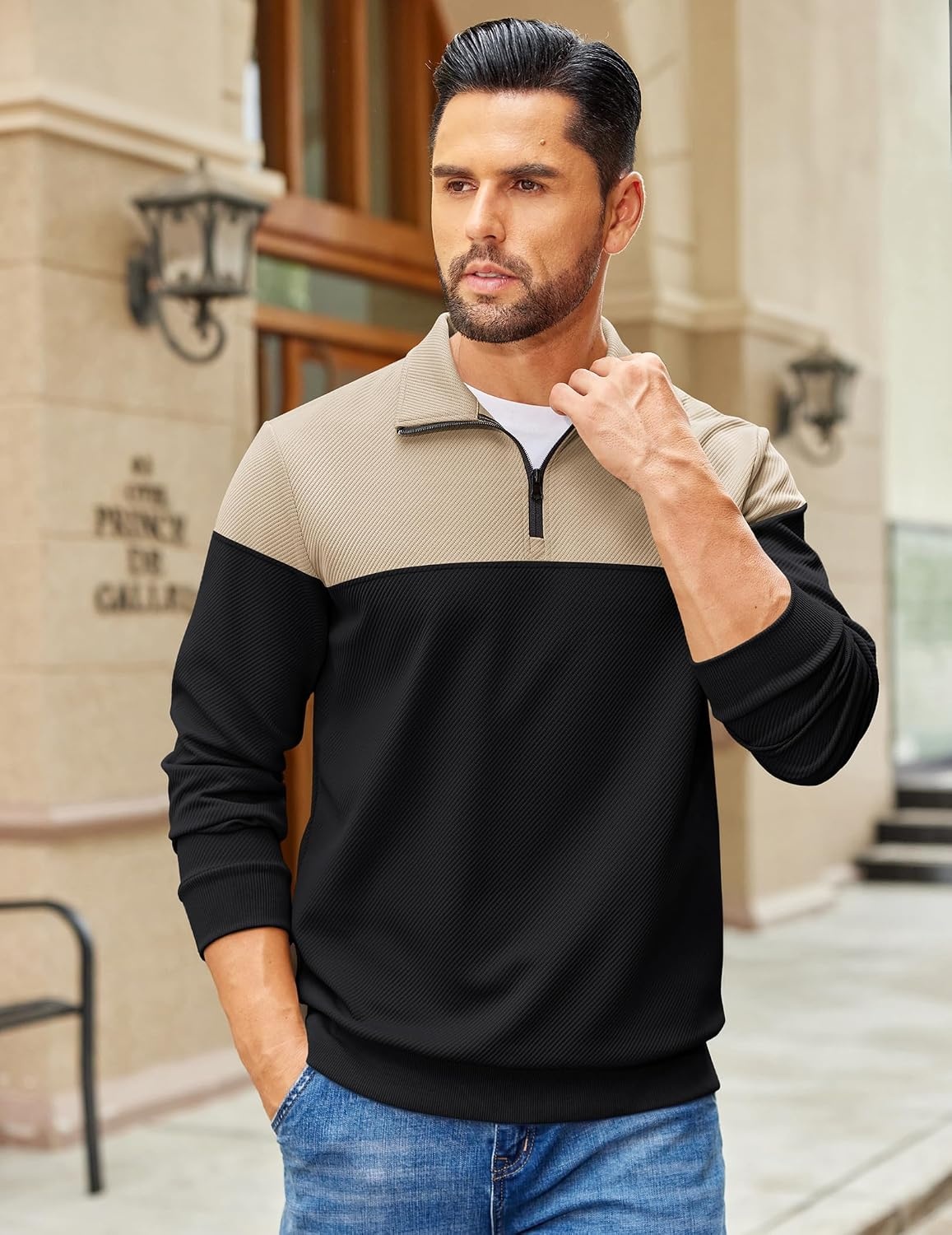 image:imageCOOFANDY Mens Quarter Zip Pullover Sweatshirt Casual Mock Neck Sweater 2026Color Block Black Khaki