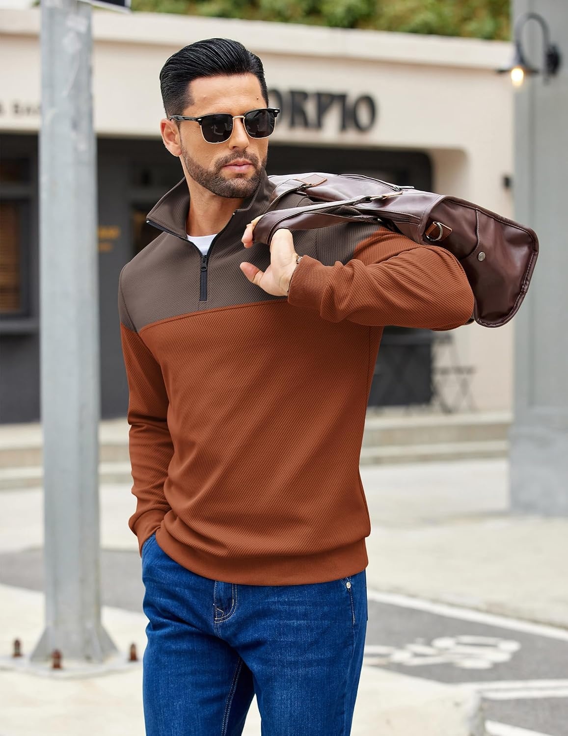 image:imageCOOFANDY Mens Quarter Zip Pullover Sweatshirt Casual Mock Neck Sweater 2026Color Block Brown Caramel