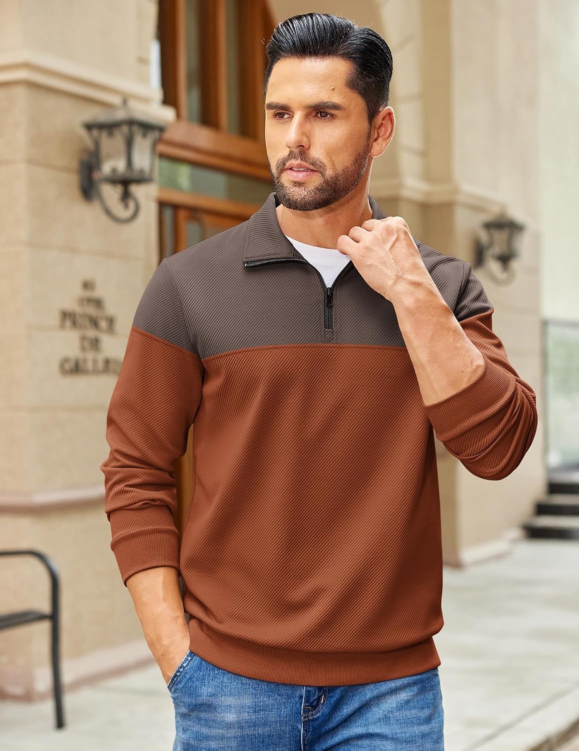 image:imageCOOFANDY Mens Quarter Zip Pullover Sweatshirt Casual Mock Neck Sweater 2026Color Block Brown Caramel