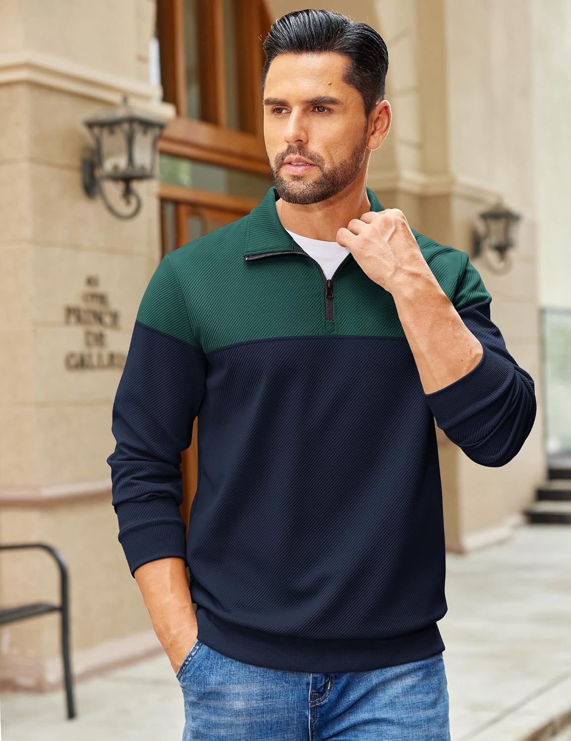 image:imageCOOFANDY Mens Quarter Zip Pullover Sweatshirt Casual Mock Neck Sweater 2026Color Block Green Navy Blue