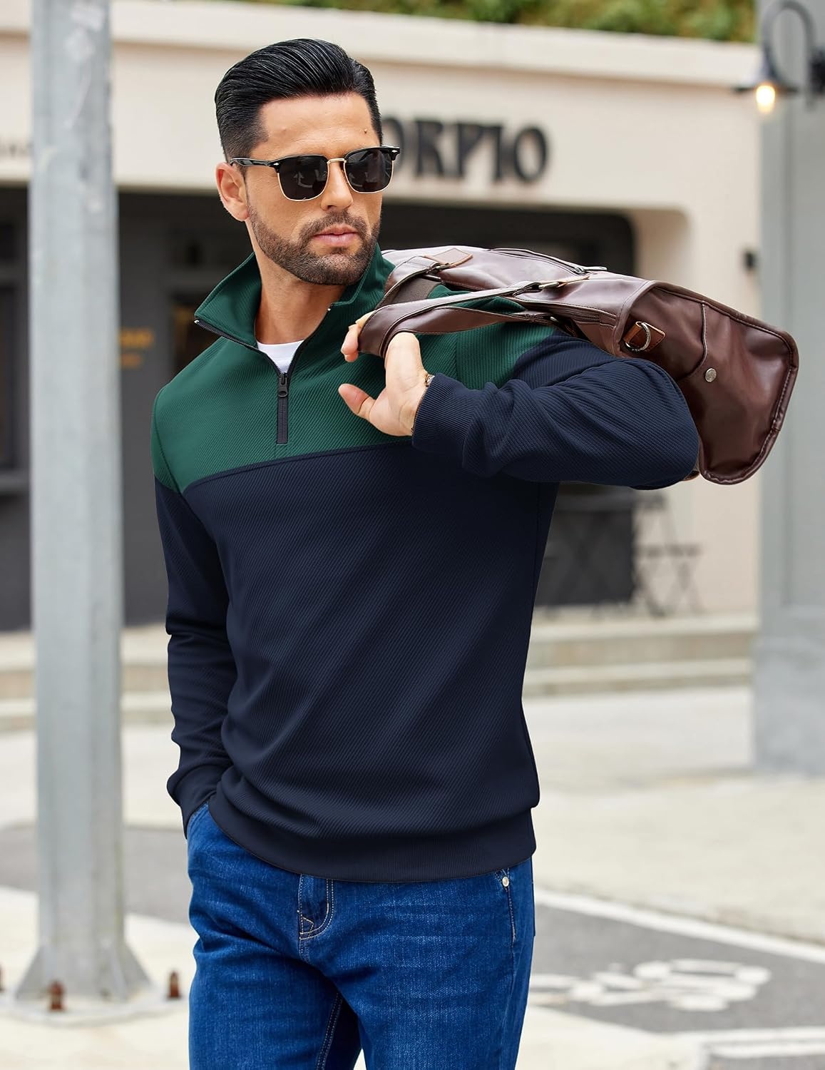 image:imageCOOFANDY Mens Quarter Zip Pullover Sweatshirt Casual Mock Neck Sweater 2026Color Block Green Navy Blue